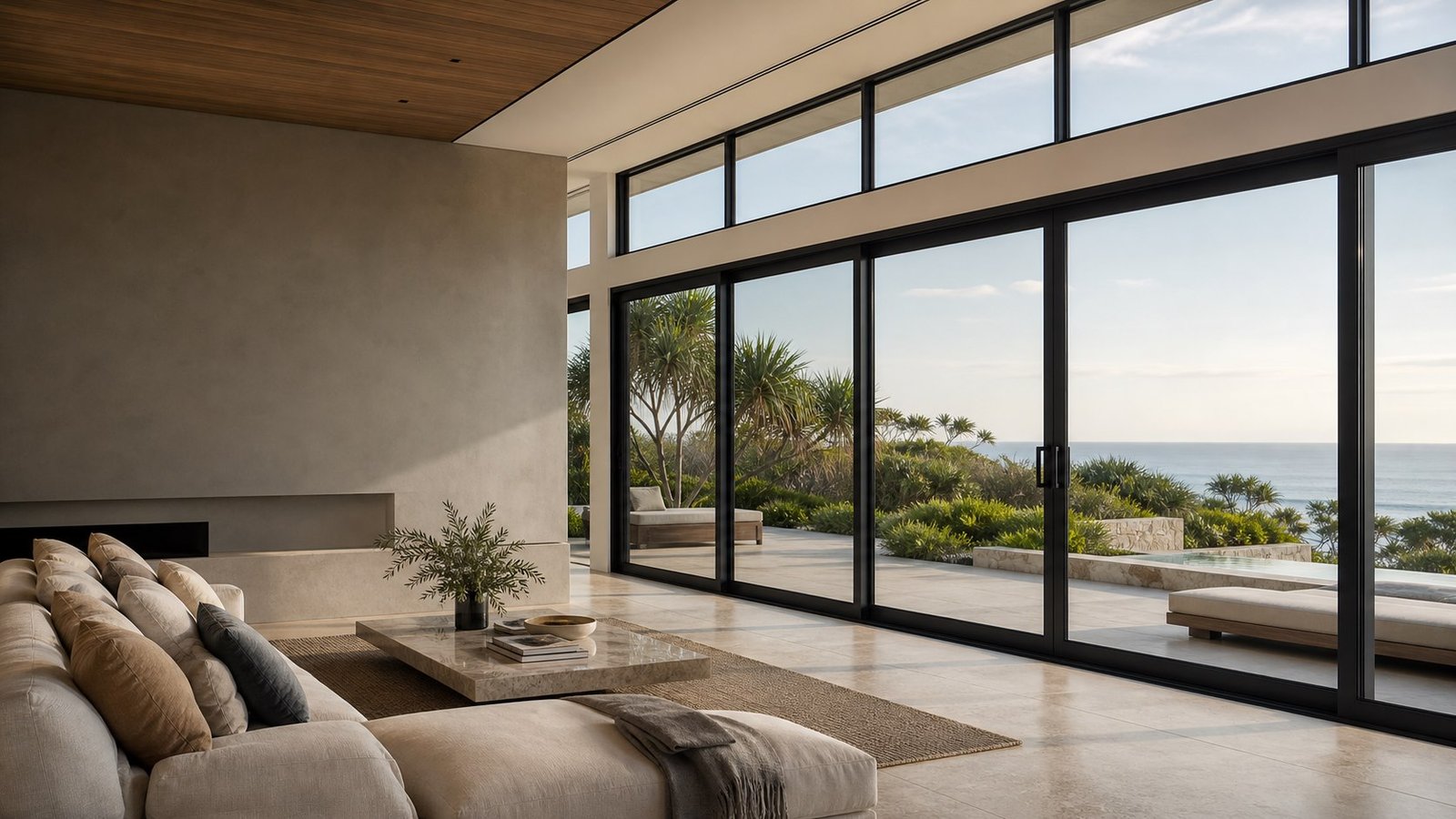 Slim-frame aluminum sliding doors in a bright Australian coastal villa
