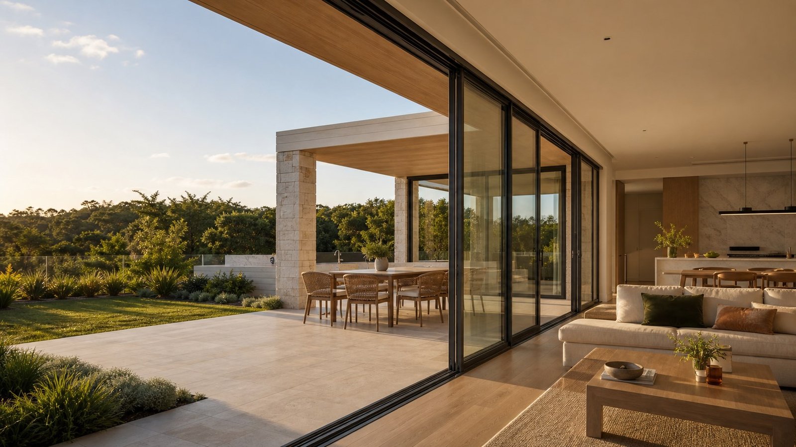 Slim-frame aluminum sliding doors in a warm Australian contemporary residence
